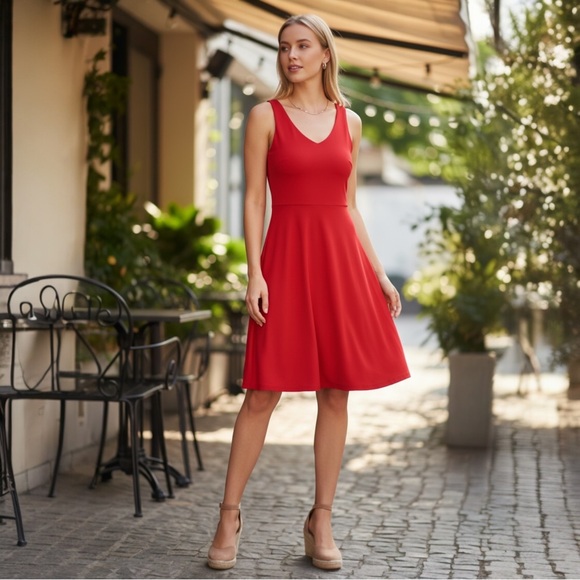 Boston Proper Dresses & Skirts - BOSTON PROPER Red Fit & Flare Sleeveless V-Neck Flowy Midi / Knee Length XS NWT
